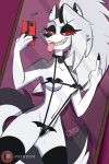  anthro batkini canid canid_demon canine canis clothing demon female gesture goth halloween hellhound helluva_boss hi_res holidays humanoid jazzymongoose lingerie loona_(helluva_boss) mammal middle_finger pinup pose red_eyes selfie solo teeth tongue tongue_out toony wolf 