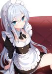  1girl absurdres alternate_costume apron blue_eyes blush enmaided fathom hair_between_eyes hibiki_(kancolle) highres juliet_sleeves kantai_collection long_hair long_sleeves maid maid_headdress parted_lips puffy_sleeves solo white_apron white_hair 