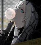  1girl aqua_eyes blurry blurry_background bubble_blowing chain-link_fence chewing_gum depth_of_field earrings fence gun highres holding holding_gun holding_weapon jewelry long_hair looking_at_viewer original solo stud_earrings trigger_discipline upper_body weapon white_hair yagi_(shiro_yagi) 