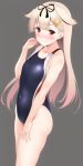  ai-generated araiai black_one-piece_swimsuit black_ribbon blonde_hair blush breasts commentary_request competition_swimsuit covered_navel gradient gradient_background grey_background hair_flaps hair_ornament hair_ribbon hairclip highleg kantai_collection long_hair looking_at_viewer messy_hair one-piece_swimsuit red_eyes ribbon small_breasts swimsuit yuudachi_(kancolle) yuudachi_kai_ni_(kancolle) 