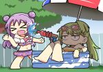  2girls alina_gray alina_gray_(swimsuit_costume) bangs bare_shoulders bikini blush chibi earrings eyewear_on_head frilled_bikini frills green_hair hair_between_eyes hair_bun hair_ornament highres holding jewelry long_hair magia_record:_mahou_shoujo_madoka_magica_gaiden mahou_shoujo_madoka_magica misono_karin misono_karin_(swimsuit_costume) multiple_girls official_alternate_costume open_mouth parted_bangs ponytail pool purple_hair saigokudou star_(symbol) star_hair_ornament sunglasses swimsuit tree two_side_up umbrella water_gun yellow_bikini 