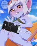  2020 arilopez550 bikini bite biting_lip biting_own_lip blue_sky blush breasts clothed clothing dialogue english_text eyewear eyewear_on_head female graphics_card grey_hair hair hi_res holding_object humanoid league_of_legends looking_at_viewer not_furry purple_body riot_games self_bite sitting sky solo speech_bubble sunglasses sunglasses_on_head swimwear talking_to_viewer text tristana_(lol) video_games yordle 