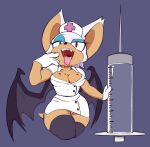  2018 anthro bat_wings blood bodily_fluids brachyzoid breasts chiropteran cleavage clothed clothing eyeshadow female fingers fur gloves handwear hat headgear headwear hi_res looking_at_viewer makeup mammal membrane_(anatomy) membranous_wings nurse_clothing open_mouth red_eyes rouge_the_bat saliva sega simple_background solo sonic_the_hedgehog_(series) tan_body tan_skin teeth white_body white_fur wings 