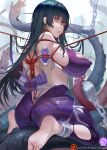  1girl ankle_cuffs arms_behind_back artist_name bangs bare_shoulders bdsm black_hair blue_hair blush bodysuit bondage bound bound_arms breasts cameltoe clenched_teeth covered_nipples elbow_gloves fishnets gloves green_eyes gtunver huge_breasts igawa_asagi large_breasts long_hair ninja nipples purple_bodysuit rope shibari shibari_over_clothes solo taimanin_(series) teeth torn_clothes 