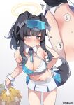  ! 1girl animal_ears ass bangs bare_shoulders bent_over black_hair blue_archive blue_eyes blush breasts cheerleader cleavage dog_ears dog_girl dog_tail eyewear_on_head goggles goggles_on_head gradient gradient_background halo hibiki_(blue_archive) hibiki_(cheerleader)_(blue_archive) highres long_hair looking_at_viewer medium_breasts miniskirt multiple_views navel panties pom_pom_(cheerleading) skirt spicy_moo spoken_exclamation_mark star_sticker sticker_on_arm sticker_on_face sweat tail underwear white_panties white_skirt 