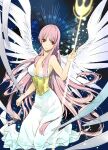  1girl absurdres athena_(saint_seiya) bangs blue_background breasts cleavage closed_mouth dress feathered_wings full_body highres holding holding_staff kido_saori kneeling looking_at_viewer pink_hair red_eyes saint_seiya serious sleeveless sleeveless_dress solo staff star_(symbol) white_dress white_wings wings yyuunn 