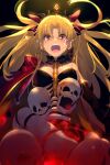  1girl bangs blonde_hair blush breasts cloak crown crying echo_(circa) ereshkigal_(fate) eyebrows_hidden_by_hair fate/grand_order fate_(series) hair_ribbon jewelry long_hair looking_at_viewer necklace open_mouth ribbon skeleton skull solo tearing_up tears twintails 