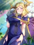  1girl blonde_hair blurry blurry_background breasts cape cowboy_shot day demon_girl demon_horns dress english_commentary genjitsu_no_yohane gloves grin half-closed_eyes hand_to_own_mouth hand_up highres horns large_breasts long_hair looking_at_viewer love_live! love_live!_sunshine!! off-shoulder_dress off_shoulder ohara_mari outdoors purple_cape purple_dress purple_gloves purple_thighhighs side_slit sideboob signature single_bang sleeveless sleeveless_dress smile solo teeth thighhighs tsumikiy 