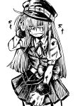  1girl alina_gray bangs black_bow black_headwear black_necktie black_vest blunt_ends bow brooch chain collar cross_tie detached_collar fur_cuffs hair_between_eyes hat highres jewelry lapels long_hair magia_record:_mahou_shoujo_madoka_magica_gaiden magical_girl mahou_shoujo_madoka_magica miniskirt monochrome necktie notched_lapels peaked_cap pleated_skirt puffy_short_sleeves puffy_sleeves scowl scratching_head see-through see-through_sleeves short_sleeves sidelocks simple_background skirt sleeve_cuffs solo straight_hair striped striped_skirt v-neck vertical-striped_skirt vertical_stripes very_long_hair vest waist_bow white_collar white_sleeves youichi82880400 