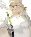  anthro cigarette clothing dress_shirt eyewear fur glasses green_eyes hair hi_res leib_(tas) lifewonders male mammal messenger_bag overweight polar_bear ponytail shirt simple_background smoking solo suspenders tokyo_afterschool_summoners topwear ursid ursine video_games white_background white_body white_fur xinnainai 