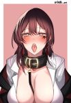  1girl absurdres bangs black_collar blush border braid breasts brown_eyes brown_hair cleavage coat collar collarbone commission dogs_(dlrkdejr26) earrings facial_mark female_commander_(girls&#039;_frontline) girls&#039;_frontline griffin_&amp;_kryuger_military_uniform highres jewelry korean_commentary large_breasts leash long_hair looking_at_viewer open_clothes open_coat open_mouth open_shirt red_coat saliva shirt simple_background solo tears teeth throat tongue tongue_out twitter_username upper_body upper_teeth white_border white_shirt 