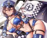  1girl azur_lane baltimore_(azur_lane) baltimore_(finish_line_flagbearer)_(azur_lane) bangs black_choker black_gloves blue_jacket blue_thighhighs blush breasts brown_hair choker flag gloves highres himuro_shunsuke jacket large_breasts long_sleeves navel official_alternate_costume parted_lips race_queen short_hair single_glove smile solo teeth thighhighs thighs underboob 