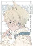  1boy absurdres animal_ears bell cat_boy cat_ears chain chain_leash collar ear_piercing facing_to_the_side fang highres leash long_sleeves male_focus nail_polish neck_bell open_mouth original piercing shirt short_hair solo white_background white_hair white_shirt white_xxxx 