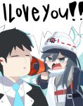  1boy 1girl bangs belt black_hair blue_archive blush commentary_request fur-trimmed_jacket fur_trim green_eyes grey_shirt hair_between_eyes halo hardhat helmet holding holding_megaphone jacket layered_clothes looking_at_another megaphone minori_(blue_archive) omo_(h98013114) open_mouth red_belt scarf sensei_(blue_archive) shirt shouting speech_bubble swept_bangs upper_body vest white_headwear white_scarf white_vest 