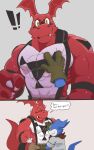  abs alternatehef anthro bandai_namco blue_body blush digimon digimon_(species) duo embarrassed exclamation_point groping_chest guilmon hi_res horn male male/male muscular muscular_anthro muscular_male pecs red_body shy suspenders veemon yellow_eyes 