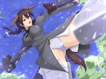  animal_ears arms_up brown_eyes brown_hair day dog_ears dual_wielding flying gertrud_barkhorn gun holding open_mouth panties shuugetsu_karasu sky solo strike_witches tail tree underwear weapon world_witches_series 
