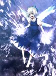  barefoot blue_eyes blue_hair bow cirno danmaku dress hair_bow hair_ribbon highres ice neck_ribbon ribbon short_hair silver_hair slit_pupils solo touhou wings yosaku_(roach) 