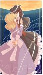  2girls armband arms_around_another's_back back_bow black_capelet black_hat black_skirt blonde_hair bow brown_eyes brown_hair capelet closed_mouth collared_shirt commentary_request covered_eyes dress dress_bow dress_shirt fedora frilled_dress frilled_skirt frills full_moon hand_on_another's_shoulder hat hat_ribbon highres hug juliet_sleeves long_hair long_sleeves loose_necktie maribel_hearn medium_hair missing_headwear moon multiple_girls necktie night one_eye_covered own_hands_together patterned_clothing puffy_sleeves purple_dress red_necktie ribbon ribbon-trimmed_capelet ribbon-trimmed_skirt ribbon_trim sash shirt short_hair skirt sky sleeve_cuffs smile sparkle split_mouth standing star_(sky) touhou unagi_sango usami_renko white_bow white_sash white_shirt yuri 