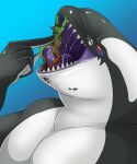  anthro aquatic blue_background bodily_fluids cetacean dolphin dragon duo glistening glistening_eyes green_body green_eyes green_scales grey_body hi_res imminent_oral_vore imminent_vore imperatorcaesar male male_anthro mammal mythological_creature mythological_scalie mythology narrowed_eyes nude oceanic_dolphin on_tongue open_mouth orange_eyes orca overweight overweight_anthro overweight_male purple_insides purple_tongue red_body red_scales saliva saliva_string scales scalie simple_background slim_anthro slim_male tongue toothed_whale unwilling_prey white_body 