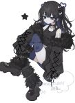  1girl ankle_boots bare_shoulders belt_boots belt_collar black_boots black_bow black_collar black_hair black_jacket black_tank_top blue_eyes blue_streaks blue_thighhighs blunt_bangs boots bow breasts chain chain_necklace closed_mouth collar colored_inner_hair commentary commission cross cross-laced_clothes cross-laced_sleeves cross_necklace dot_nose ear_piercing eyelashes eyes_visible_through_hair full_body fur-trimmed_boots fur-trimmed_jacket fur_trim hair_bow hair_intakes hair_ornament hairclip heart heart_hair_ornament highres invisible_chair jacket jacket_partially_removed jewelry long_hair multicolored_hair necklace open_clothes open_jacket original piercing simple_background sitting skeb_commission sleeves_past_fingers sleeves_past_wrists small_breasts solo star_(symbol) star_print streaked_hair striped_blush tank_top thighhighs translated twintails uyu_maruuu watermark white_background white_bow x_hair_ornament 