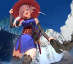  1girl bare_shoulders blue_eyes blue_kimono blue_sky breasts brown_thighhighs commentary_request detached_sleeves earrings fate/grand_order fate_(series) hair_ornament hiiragi_(karashriker) ichimegasa japanese_clothes jewelry katana kimono large_breasts long_hair looking_at_viewer miyamoto_musashi_(fate) miyamoto_musashi_(first_ascension)_(fate) obi open_mouth pink_hair ponytail sash sky sleeveless sleeveless_kimono smile solo swept_bangs sword thighhighs thighs weapon 