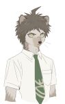 accessory ahoge alternate_species anthro black_nose bristled_fur brown_body brown_fur brown_hair clothed clothing collared_shirt danganronpa danganronpa_2 dress_shirt eulipotyphlan fur furrification green_necktie hair hajime_hinata hedgehog hi_res june777th looking_at_viewer male mammal necktie pink_inner_ear shirt short_sleeves simple_background solo spike_chunsoft spikes topwear whiskers white_background white_dress_shirt