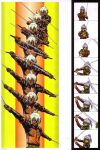  2boys absurdres artbook beatmania_iidx bemani brothers dark-skinned_male dark_skin dual_wielding ereki_(beatmania) goli_matsumoto grey_hair headphones highres holding holding_sword holding_weapon jacket katana looking_at_viewer male_focus medium_hair multiple_boys multiple_views official_art orange_jacket ponytail scan sequential shilow short_hair siblings sword third-party_source topknot weapon white_hair 