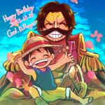 2boys ^_^ aged_down bandaid bandaid_on_face beard black_hair blue_sky blue_tank_top blush character_name closed_eyes collared_shirt dated epaulettes facial_hair falling_petals gol_d._roger happy_birthday hat highres magu_pink male_focus monkey_d._luffy multiple_boys mustache one_piece petals pink_petals sandals scar scar_on_face shirt short_hair shorts sky straw_hat sword tank_top twitter_username weapon 