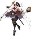  1girl alternate_costume armored_boots artist_request belt black_boots black_hat blue_skirt boots breasts brown_belt closed_mouth coat commentary cosplay english_commentary estellise_sidos_heurassein feathers full_body game_asset granblue_fantasy green_eyes hat highres holding holding_sword holding_weapon lecia_(granblue_fantasy) lecia_(granblue_fantasy)_(cosplay) looking_at_viewer navel official_art pink_hair sheath short_hair simple_background skirt smile solo standing standing_on_one_leg sword tales_of_(series) tales_of_asteria tales_of_vesperia thigh_boots third-party_source transparent_background weapon white_coat 