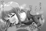  1boy 1girl absurdres blush bodysuit clothed_female_nude_male clothed_sex commentary_request cowgirl_position erection fang flat_chest greyscale gundam gundam_zz hetero highres kaiman_garupan licking licking_nipple looking_at_viewer mecha_pilot_suit monochrome neo_zeon nipple_stimulation normal_suit_(gundam) nude open_mouth penis pov puru_two sex short_hair sidelocks smile solo_focus speech_bubble steaming_body straddling sweat tongue tongue_out torn_bodysuit torn_clothes translation_request vaginal 