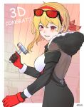  1girl absurdres blacksmith blonde_hair blush breasts coat english_commentary eyewear_on_head forge fur_coat gloves hair_ribbon hairband highres hololive hololive_indonesia ichiyaichimaru kaela_kovalskia kaela_kovalskia_(1st_costume) large_breasts looking_at_viewer mallet neck_warmer red-tinted_eyewear red_eyes red_gloves red_hairband ribbon smile solo tinted_eyewear virtual_youtuber 