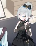  2girls :o absurdres bare_shoulders black_bow black_dress blue_eyes bow breasts commentary_request dress elbow_gloves female_tyrant_(stella_sora) flying_sweatdrops gloves grey_gloves grey_hair hair_bow hair_bun highres holding indoors key multicolored_hair multiple_girls parted_lips reflection sidelocks sleeveless sleeveless_dress small_breasts solo_focus sprout_(haji_s) standing stella_sora streaked_hair striped_bow tyrant_(stella_sora) white_hair 