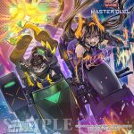  2girls anonymous_(yu-gi-oh!) bare_shoulders black_hair blonde_hair bodysuit brown_eyes brown_hair copyright_logo copyright_name dutch_angle elbow_gloves explosion fingerless_gloves forehead_protector gloves green_eyes hair_between_eyes holding holding_knife horns i:p_masquerena knife logo mechanical_horns midair multicolored_hair multiple_girls official_art s-force_rappa_chiyomaru s:p_little_knight sample_watermark scarf sidecar smile twintails two-tone_hair w:p_fancy_ball watermark yu-gi-oh! yu-gi-oh!_master_duel 