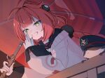  1girl black_hat braid braided_twintails cardigan commentary_request covering_own_mouth green_eyes hair_ornament hand_over_own_mouth hat highres holding holding_umbrella kamanosuke_(zenless_zone_zero) long_hair looking_at_viewer raccoon red_hair red_umbrella smile sphere_hair_ornament tanuki teeth twin_braids twintails ukinami_yuzuha umbrella vegataso very_long_hair zenless_zone_zero 