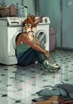  2022 anthro appliance bottomwear brown_body brown_fur clothes_on_floor clothing digital_media_(artwork) ear_piercing ear_ring ear_tuft felid feline female footwear fur hair hair_bun hi_res inner_ear_fluff inside laundry_basket laundry_machine looking_aside lynx mammal pants piercing reflection ring_piercing shamerli shirt shoes signature sitting sneakers solo spots tank_top topwear tuft washing_machine whiskers white_body white_fur 