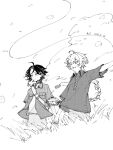 2boys aether_(genshin_impact) ahoge alternate_costume arm_up artist_name bag bayuehehuo belt braid breast_pocket buttons closed_eyes cloud cloudy_sky collared_shirt commentary_request couple day facial_mark floating_clothes floating_hair forehead_mark genshin_impact grass greyscale hair_between_eyes hair_ribbon happy holding_hands leaf long_hair looking_to_the_side low-braided_long_hair low-tied_long_hair male_focus monochrome multicolored_hair multiple_boys open_clothes open_mouth open_shirt outdoors pants pocket ribbon shirt short_hair short_sleeves shorts sidelocks single_braid sky smile t-shirt teeth two-tone_hair wind xiao_(genshin_impact) yaoi 