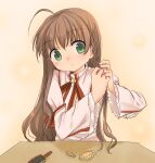  1girl ahoge blush braiding_hair braiding_own_hair brown_hair commentary_request crown dress eyes_visible_through_hair frilled_sleeves frills green_eyes hair_between_eyes hair_brush hairdressing juliet_sleeves kanbe_kotori kazamatsuri_institute_high_school_uniform long_hair long_sleeves mini_crown neck_ribbon orange_background parted_lips pink_dress puffy_sleeves red_ribbon rewrite ribbon sakura_emi school_uniform sidelocks simple_background solo tareme upper_body very_long_hair wide_sleeves 