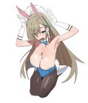  1girl absurdres animal_ear_hairband animal_ears aqua_bow aqua_bowtie aqua_eyes aqua_leotard aqua_ribbon armpits asuna_(blue_archive) asuna_(bunny)_(blue_archive) bare_shoulders black_pantyhose blonde_hair blue_archive blush bow bowtie breasts cleavage commentary covered_navel detached_collar fake_animal_ears full_body gloves hair_over_one_eye hair_ribbon hairband halo high_heels highres huge_breasts leotard long_hair mole mole_on_breast official_alternate_costume one_eye_closed open_mouth pantyhose playboy_bunny rabbit_ear_hairband rabbit_ears rabbit_pose rabbit_tail ribbon riel_(rielilu) shoes simple_background solo sweat tail very_long_hair white_background white_gloves white_shoes 