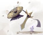  absurdres aegislash bright_pupils commentary fire highres litwick looking_at_another nbee_ya no_humans pokemon pokemon_(creature) pokemon_focus purple_eyes rock shield sword untranslatable_commentary weapon white_pupils 