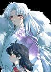  1boy 1girl black_background black_hair blue_eyes closed_mouth colored_sclera commentary_request crescent crescent_facial_mark demon_boy facial_mark fingernails forehead_mark hand_on_another's_shoulder height_difference highres inuyasha japanese_clothes kimono long_hair looking_at_viewer looking_to_the_side medium_hair nikka_2tim parted_bangs pointy_ears red_sclera rin_(inuyasha) sesshoumaru sharp_fingernails upper_body white_hair 