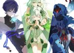  2boys 2girls armlet asymmetrical_bangs bare_shoulders behind_another belt black_belt black_bodysuit black_bow black_hair black_shorts bloomers blue_eyes blue_hair blue_kimono blue_sleeves blunt_ends bodysuit bow braid bright_pupils choppy_bangs closed_eyes closed_mouth clothing_cutout colored_tips column_lineup commentary_request core covered_collarbone cross-shaped_pupils dark_skin detached_sleeves dottore_(exalted_master_of_the_heretical_path)_(genshin_impact) dottore_(genshin_impact) dress eye_mask eyelashes facing_down furisode genshin_impact gold_armlet gold_trim green_eyes green_sleeves hage_80 hair_between_eyes hakama hakama_shorts half-closed_eyes highres hip_vent japanese_clothes jewelry juban kimono layered_sleeves long_braid long_hair looking_at_another mandarin_collar mask multicolored_hair multiple_boys multiple_girls mystical_high_collar nahida_(genshin_impact) open_clothes open_hands open_kimono own_hands_together parted_lips pleated_shorts pointy_ears purple_hair purple_rope purple_sash rope rukkhadevata_(genshin_impact) sash scaramouche_(genshin_impact) short_dress short_sleeves shorts side_braid side_ponytail sidelocks single_off_shoulder smirk streaked_hair symbol-shaped_pupils tassel twitter_username very_long_hair wanderer_(genshin_impact) white_background white_bloomers white_dress white_hair white_kimono white_mask white_mouth white_pupils white_sleeves 