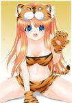  1girl :d alternate_costume animal_costume animal_hands animal_hood animal_print arm_support bare_shoulders blue_eyes border breasts breasts_apart chinese_zodiac claw_pose collarbone commentary_request cowboy_shot gloves gradient_background hair_ornament hair_over_breasts hand_up highres hood large_breasts long_hair looking_at_viewer navel new_year ootori_chihaya open_mouth orange_hair orange_shorts paw_gloves print_shorts rewrite short_shorts shorts sidelocks simple_background sitting smile smug solo spread_legs stomach t_kutkut tiger_costume tiger_print two_side_up v-shaped_eyebrows very_long_hair wariza white_background white_border wing_hair_ornament year_of_the_tiger yellow_background 