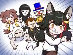  3girls animal_ear_fluff animal_ears black_hair black_hoodie black_pantyhose black_shorts bone_hair_ornament brown_hair closed_mouth commentary_request dog_ears dog_girl dog_tail dress hair_ornament highres hololive hood hoodie inugami_korone inugami_korone_(1st_costume) jacket long_hair looking_at_viewer medium_hair multicolored_hair multiple_girls ookami_mio ookami_mio_(hoodie) pantyhose ponytail red_streaks shorts streaked_hair tail tsuyoshi_(normal811) two-tone_hoodie virtual_youtuber white_dress white_hoodie wolf_ears wolf_girl yellow_eyes yellow_jacket 