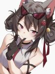  1girl animal_ear_fluff animal_ears bare_shoulders bell black_choker black_gloves blush brown_hair cat_ears cat_girl choker closed_mouth commentary double_bun dragon_hair_ornament english_commentary eyewear_on_head finger_to_mouth gloves hair_bell hair_between_eyes hair_bun hair_ornament hairclip highres index_finger_raised indie_virtual_youtuber looking_at_viewer lunah_(lung_na) medium_hair necktie purple_eyes red-tinted_eyewear sannmako shirt sidelocks simple_background sketch sleeveless sleeveless_shirt smile solo sunglasses tinted_eyewear upper_body white_background white_shirt 