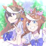  2girls animal_ear_piercing animal_ears blue_eyes blush bow brown_hair commentary_request crossed_arms double_v earrings hatching_(texture) highres horse_ears horse_girl horseshoe_ornament jewelry linear_hatching looking_at_viewer multicolored_hair multiple_girls outdoors overexposure pink_bow ponytail posing purple_bow purple_eyes purple_sailor_collar sailor_collar satopongraffiti school_uniform single_earring streaked_hair symboli_rudolf_(umamusume) tokai_teio_(umamusume) tracen_school_uniform translated tree umamusume upper_body v white_hair white_streaks 