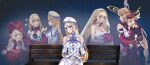  3girls ^_^ age_progression aged_down alice_(genshin_impact) backpack bag bare_shoulders bench black_gloves blonde_hair blue_background blue_eyes bouquet breasts bridal_veil brown_bag carrying carrying_person child_carry cleavage closed_eyes closed_mouth commentary cowl detached_sleeves dress genshin_impact gloves hat highres holding holding_bouquet klee_(genshin_impact) large_breasts long_hair long_sleeves looking_at_another medium_breasts mother_and_child mother_and_daughter multiple_girls newsboy_cap nicole_reeyn open_mouth own_hands_together parent_and_child pointy_ears red_dress red_hat sitting sleeveless sleeveless_dress smile standing strapless strapless_dress sylux teeth upper_teeth_only veil very_long_hair white_dress white_sleeves white_veil witch_hat yellow_eyes 