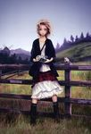  absurdres animal blonde_hair blue_eyes boots camera dress fence grass highres jacket leica_(camera) nature original realistic redjuice scenery short_hair skirt sky socks solo squirrel wind windmill 