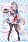  1girl ahoge alternate_costume animal_ears apron black_pantyhose black_shoes blue_dress blue_eyes blue_hairband blush bow breasts cleavage cleavage_cutout closed_mouth clothing_cutout dress ear_ornament eyemethyst frilled_hairband frills grey_hair grey_tail hair_between_eyes hair_ornament hairband heart heart_cutout holding holding_tray horse_ears horse_girl long_hair maid maid_apron medium_breasts multicolored_hair oguri_cap_(umamusume) pantyhose puffy_short_sleeves puffy_sleeves red_bow shoes short_sleeves smile solo tail tray umamusume waist_apron white_apron white_wrist_cuffs wrist_cuffs 