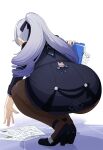  1girl absurdres ass bent_over breasts bronya_zaychik drill_hair folder from_behind highres holding holding_folder honkai_(series) honkai_impact_3rd huge_breasts office_lady pantyhose ponytail solo squatting white_background xian_dra1805 
