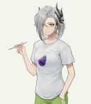  1girl alternate_costume arknights asymmetrical_horns breasts closed_mouth demon_girl demon_horns earrings eggplant feet_out_of_frame green_eyes green_pants grey_hair hair_over_one_eye hand_in_pocket highres holding holding_pen horns jewelry landl long_hair looking_at_viewer nasti_(arknights) pants pen pointy_ears print_shirt shirt short_sleeves simple_background single_earring solo standing white_background white_shirt 